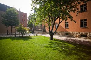 Blick auf den Anger-Campus mit einer grünen Wiese im Vordergrund und Bäumen, im Hintergrund zwei rötliche Gebäude