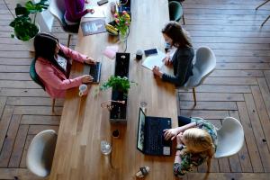 Frauen am Tisch mit Obst und Pflanzen